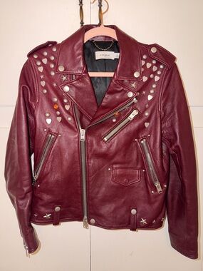 Coach Burgundy Leather Studded Moto Jacket with Silver Accents